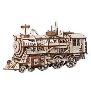 ROBOTIME Lokomotive mechanischer Baukasten - 3D Holzpuzzle Laser-Cut - Modellbaukasten mit Eigenantrieb - Brainteaser Geschenke für Kinder, Jugendliche und Erwachsene
